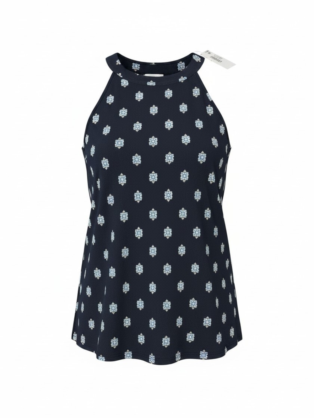 J. Jill Navy Halter Top with Light Blue and Cream Medallion Print Medium